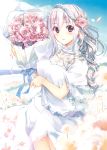  1girl absurdres blush braid dress flower fumio_(ura_fmo) happy highres original pink_flower ribbon rose sky solo violet_eyes water white_dress 