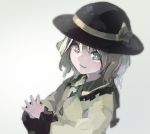  1girl blush bow green_eyes grin hands_together hat hat_bow hat_ribbon ichiba_youichi komeiji_koishi long_sleeves looking_at_viewer ribbon short_hair silver_hair simple_background smile solo touhou upper_body white_background wide_sleeves 