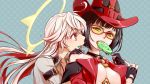 2girls black_hair candy fingerless_gloves gloves guilty_gear guilty_gear_xrd halo hat i-no jack-o_(guilty_gear) lollipop long_hair multicolored_hair multiple_girls red_eyes redhead shinzou sunglasses two-tone_hair upper_body white_hair witch_hat 