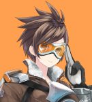  1girl art_is_de4d artist_name bangs black_gloves bodysuit bomber_jacket brown_hair brown_jacket gloves goggles harness highres jacket leather leather_jacket light_smile lips long_sleeves looking_at_viewer orange_background overwatch salute short_hair simple_background smile solo spiky_hair tracer_(overwatch) union_jack upper_body 