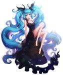  1girl :o ango arms_at_sides bare_shoulders barefoot black_dress black_ribbon blue_eyes blue_hair crying crying_with_eyes_open dress e expressionless full_body glint hair_ribbon hatsune_miku highres knees_up long_hair looking_at_viewer parted_lips ribbon shinkai_shoujo_(vocaloid) simple_background sleeveless sleeveless_dress solo tears twintails very_long_hair vocaloid white_background 