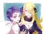  2girls black_nails blonde_hair blue_eyes breasts carnet_(pokemon) cleavage eyeshadow hair_ornament hair_over_one_eye ivory_(25680nico) long_hair looking_at_viewer makeup multiple_girls nail_polish open_mouth pointing pokemon purple_hair shirona_(pokemon) short_hair 