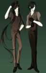  2boys black_hair formal gloves hat highres izumi-no-kami_kanesada long_hair male_focus multiple_boys shokudaikiri_mitsutada touken_ranbu very_long_hair vest waistcoat yuta_(kchimuuuuu) 