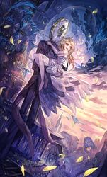  1boy 1girl 369minmin blonde_hair carrying clock dress dutch_angle long_hair original petals princess_carry scenery 