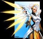  1girl blonde_hair blue_eyes breasts high_ponytail looking_at_viewer lsr mechanical_halo mechanical_wings mercy_(overwatch) overwatch ponytail solo wings 