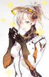 1girl blonde_hair blue_eyes breasts fingers_together gradient gradient_background high_ponytail mechanical_halo mercy_(overwatch) overwatch ponytail short_hair solo upper_body white_hair 