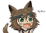 1girl :3 :d animal_ears artist_name bandana blush blush_stickers brunette_hair chibi commentary dark_skin dog_ears dog_tail dot_nose english eyebrows eyebrows_visible_through_hair fang_out fangs fur fur_in_ears green_eyes gyate_gyate hair_ornament highres jewelry kobold meme monster_girl monster_musume_no_iru_nichijou necklace open_mouth oscar_bautista pendant polt signature smile solo tail teeth white_background 