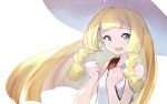  1girl bags_under_eyes bangs bare_arms bare_shoulders blonde_hair braid clenched_hands dress green_eyes hat lillie_(pokemon) long_hair looking_at_viewer open_mouth pokemon pokemon_(game) pokemon_sm solo straight_hair sun_hat sundress teko white_background 