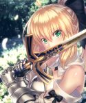  1girl armor bangs bare_shoulders black_bow blonde_hair blurry bow covered_mouth depth_of_field detached_sleeves excalibur eyebrows eyebrows_visible_through_hair fate/grand_order fate_(series) feathers flower garden gauntlets green_eyes hair_between_eyes hair_bow highres holding holding_sword holding_weapon kaina_(tsubasakuronikuru) lily_(flower) long_hair looking_at_viewer ponytail saber saber_lily sidelocks solo sword upper_body weapon white_flower 