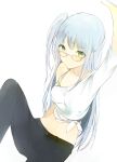  1girl arm_up blue_hair glasses green_eyes long_hair looking_at_viewer lp_(hamasa00) midriff navel off_shoulder original pants side_ponytail simple_background solo white_background 