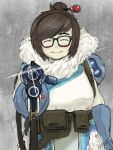  1girl aiming_at_viewer belt blue_gloves blush blush_stickers brown_hair canister closed_eyes coat fur glasses gloves gun hair_bun hair_ornament hairpin long_sleeves mei_(overwatch) overwatch pocket pointing pointing_at_viewer short_hair sidelocks solo sparkle weapon 