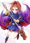  1girl anniversary barbara belt blue_dress boots brown_gloves brown_hair cape dragon dragon_quest dragon_quest_vi dress e.o. earrings gauntlets gloves hair_ornament high_ponytail jewelry looking_at_viewer polearm short_sleeves smile solo violet_eyes weapon whip 