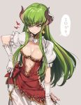  1girl alicia_(granblue_fantasy) alicia_(granblue_fantasy)_(cosplay) arm_at_side arm_up artist_name blush breasts c.c. cleavage code_geass collarbone contrapposto cosplay creayus cross cross_earrings dress earrings elbow_gloves eyebrows eyebrows_visible_through_hair frilled_sleeves frills gloves granblue_fantasy green_hair horns jewelry large_breasts long_hair looking_at_viewer parted_lips puffy_short_sleeves puffy_sleeves red_dress short_sleeves solo speech_bubble standing talking text white_gloves yellow_eyes 
