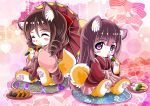  2girls ^_^ aka_kitsune blush blush_stickers brown_hair chibi closed_eyes closed_mouth cooke cookie dango drill_hair eating eyebrows eyebrows_visible_through_hair food full_body furry hair_between_eyes hakama_skirt harukaze_(kantai_collection) holding holding_food holding_umbrella japanese_clothes kamikaze_(kantai_collection) kantai_collection kimono long_sleeves looking_at_viewer multiple_girls nontraditional_miko parasol paws pink_skirt plate pleated_skirt purple_hair sitting skirt smile sweets tareme twin_drills umbrella violet_eyes wagashi wide_sleeves 