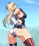  1girl :d adapted_costume anime_coloring arched_back ass back back_cutout blonde_hair blue_sky blush breasts clouds cowboy_shot fingerless_gloves from_behind from_below gloves hand_on_hip headgear iowa_(kantai_collection) kantai_collection large_breasts long_hair looking_at_viewer looking_back mismatched_legwear monteri one-piece_tan open_mouth ouya_(maboroshimori) sideboob skindentation sky smile solo star star-shaped_pupils striped striped_legwear swimsuit symbol-shaped_pupils tan tanline thigh-highs vertical-striped_legwear vertical_stripes wrist_cuffs 