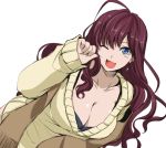  1girl :3 blue_eyes blush breasts brown_hair cleavage hagane_soushi ichinose_shiki idolmaster idolmaster_cinderella_girls large_breasts long_hair looking_at_viewer one_eye_closed open_mouth sketch smile solo sweater 