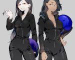  2girls alternate_costume arm_at_side black_eyes black_hair bodysuit breasts carrying_under_arm cleavage closed_mouth cowboy_shot dark_skin earrings eyelashes frown grey_background haku_(tokuray) hand_on_hip headwear_removed helmet helmet_removed holding ichiko_(osomatsu-san) jewelry karako_(osomatsu-san) key long_hair long_sleeves looking_to_the_side motorcycle_helmet multiple_girls osomatsu-san parted_lips shade simple_background straight_hair wavy_hair zipper 