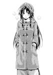 1girl asou_shin beret blush braid breath coat greyscale hair_ribbon hands_in_pockets hat hong_meiling long_hair looking_at_viewer monochrome pants parted_lips ribbon side_slit steam touhou tress_ribbon twin_braids winter_clothes winter_coat 