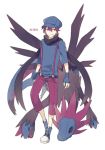  1boy arms_at_sides bangs belt black_scarf blue_boots blue_gloves blue_hat boots cross-laced_footwear fingerless_gloves full_body gloves grin hat highres hydreigon lace-up_boots looking_to_the_side o-ishi pants personification pokemon pokemon_(creature) pokemon_(game) pokemon_bw purple_hair purple_pants red_eyes scarf simple_background sleeves_past_elbows smile standing standing_on_one_leg suspenders white_background 