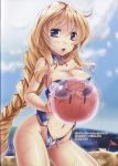  1girl :3 absurdres ball beach beachball bikini blonde_hair blue_eyes braid breasts clouds highres kyoukaisenjou_no_horizon large_breasts long_hair mary_stuart ocean sand_castle sand_sculpture scan scar sky smile swimsuit takitsume_shino 