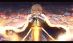  1girl ahoge armor armored_dress artist_name blonde_hair blue_eyes braid cape clouds excalibur fate/stay_night fate_(series) fur_trim gauntlets lens_flare letterboxed looking_at_viewer magicians_(zhkahogigzkh) planted_weapon saber sky solo sword weapon 