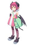 bag carrying character_request choker copyright_request demon_girl demon_tail demon_wings full_body go_robots highres horns pink_hair pointy_ears short_hair shoulder_carry simple_background sleeveless smile striped striped_legwear tail thigh-highs white_background wings yellow_eyes 