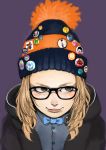  1girl absurdres beanie black-framed_glasses blonde_hair blue_bow bow bowtie buttons dress_shirt eyebrows glasses green_eyes hat highres junjunforever lips long_hair looking_to_the_side nose original pins purple_background shirt simple_background smile solo 