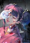  1girl bangs black_background black_hair blood blood_on_face blunt_bangs budinger choker covering_one_eye eyelashes flower hair_ribbon hair_tie hand_over_eye head_tilt highres holding holding_flower japanese_clothes kimono koutetsujou_no_kabaneri mumei_(kabaneri) one_eye_covered parted_lips pink_hair pink_lips ribbon ribbon_choker shade shadow sidelocks solo splatter tears twintails upper_body white_flower yellow_ribbon 