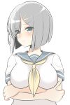  1girl blue_eyes blush breasts commentary_request crossed_arms eyes_visible_through_hair hair_ornament hair_over_one_eye hairclip hamakaze_(kantai_collection) impossible_clothes kantai_collection large_breasts looking_at_viewer masupa_kiriu no_gloves school_uniform serafuku short_hair short_sleeves silver_hair simple_background solo upper_body white_background 
