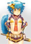  1girl :&lt; animal_ears armor belt bikini_top blue_hair breasts fingerless_gloves gloves japanese_armor kote ogino_(oginogino) original scabbard sheath sheathed sword tail under_boob weapon yellow_eyes 