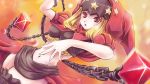  1girl blonde_hair brown_eyes chain crystal dutch_angle highres hood juliet_sleeves long_sleeves looking_at_viewer midriff navel odin_sphere puffy_sleeves rito_(ritostyle) solo star upper_body velvet_(odin_sphere) weapon 
