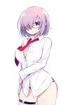  1girl black_panties blush breasts chan_co dress_shirt fate/grand_order fate_(series) glasses hair_over_one_eye looking_at_viewer necktie no_pants panties purple_hair red_necktie shielder_(fate/grand_order) shirt short_hair simple_background solo thigh_strap underwear violet_eyes white_background white_shirt 