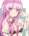  1girl black_bra bra detached_collar detached_sleeves expressionless hata_no_kokoro highres long_hair long_sleeves looking_at_viewer muchi_maro pink_eyes pink_hair pose small_breasts solo touhou underwear upper_body wide_sleeves 