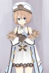  1girl bare_shoulders blanc blancpig_yryr blue_eyes book brown_hair fur_trim hat highres holding looking_at_viewer neptune_(series) short_hair smile solo 