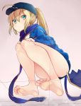  1girl ahoge ass barefoot baseball_cap batatata77 blonde_hair blue_scarf fate/grand_order fate_(series) green_eyes hat heroine_x highres long_hair looking_at_viewer ponytail saber scarf soles solo squatting toes x-ray 
