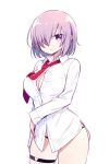  1girl black_panties blush breasts chan_co dress_shirt fate/grand_order fate_(series) hair_over_one_eye looking_at_viewer necktie no_pants panties purple_hair red_necktie removed shielder_(fate/grand_order) shirt short_hair simple_background solo thigh_strap underwear violet_eyes white_background white_shirt 