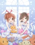  2girls abe_nana animal_ears blush brown_eyes brown_hair cat_ears cat_tail green_eyes idolmaster idolmaster_cinderella_girls long_hair maekawa_miku multiple_girls ponytail short_hair smile stuffed_animal stuffed_bunny stuffed_cat stuffed_toy tail tamaoka_kagari 