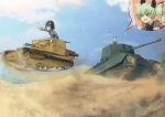  2girls anchovy angry black_hair bow braid brown_eyes carro_armato_p40 carro_veloce_cv-33 caterpillar_tracks clouds desert drill_hair dust_cloud girls_und_panzer goggles goggles_on_head green_hair hair_bow helmet jinguu_(4839ms) long_hair military military_vehicle multiple_girls multiple_views open_mouth pepperoni_(girls_und_panzer) pointing red_eyes sand side_braid sky speech_bubble tank twin_drills uniform vehicle 