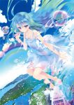  1girl absurdres barefoot blue_dress blue_hair blush bubble closed_mouth clouds collarbone dissolving dissolving_clothes dress dutch_angle full_body highres holding long_hair original outstretched_arm pink_eyes rainbow river shouna_mitsuishi sky smile solo sparkle sundress very_long_hair water 
