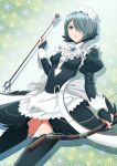  1girl alternate_costume apron arrow blue_eyes blue_hair bow_(weapon) enmaided fire_emblem fire_emblem_if hair_over_one_eye maid maid_apron maid_headdress open_mouth setsuna_(fire_emblem_if) solo thigh-highs weapon 