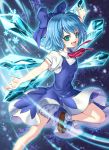  1girl :d bloomers blue_background blue_dress blue_eyes blue_hair cirno dress fingernails folded_leg hair_ribbon light_particles looking_at_viewer mary_janes open_hand open_mouth outstretched_arms puffy_short_sleeves puffy_sleeves ribbon shoes short_hair short_sleeves smile snowflakes socks solo spread_arms touhou underwear wings yuduki213 