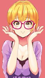  1girl adjusting_glasses bespectacled blonde_hair blush breasts cleavage closed_mouth collarbone dress eyebrows eyebrows_visible_through_hair eyelashes glasses green_eyes hands_up idolmaster idolmaster_cinderella_girls keikesu looking_at_viewer miyamoto_frederica purple_dress red-framed_glasses red_background short_hair short_sleeves simple_background smile solo upper_body 