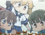  3girls bandaid bandaid_on_face bangs blue_eyes bob_cut bow bowtie brown_eyes brown_hair commentary crab dated elbow_pads fish_tank green_hair hair_between_eyes hamu_koutarou kantai_collection kazagumo_(kantai_collection) long_hair multiple_girls oboro_(kantai_collection) open_mouth orange_hair ponytail ribbon school_uniform serafuku shirt short_hair takanami_(kantai_collection) white_shirt 