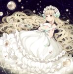  1girl absurdres bow breasts brown_eyes brown_hair bubble cleavage dress frilled_dress frills gloves green_bow hands_clasped hat highres jewelry long_hair necklace original pearl_necklace solo sparkle very_long_hair wasabi_(sekai) wavy_hair white_dress white_gloves 