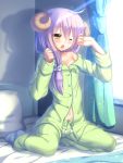  1girl absurdres ahoge bangs bed bed_sheet blush breasts buttons cleavage collarbone collared_shirt curtains eyebrows eyebrows_visible_through_hair hair_between_eyes highres horns long_hair long_sleeves muraji0419 navel one_eye_closed open_mouth original pajamas pillow pom_pom_(clothes) purple_hair scrunchie sheep_horns shirt sitting small_breasts socks solo star sunlight unbuttoned window yellow_eyes 