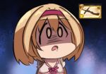  1girl blonde_hair bow bow_(weapon) chibi crossbow djeeta_(granblue_fantasy) dress drooling face_of_the_people_who_sank_all_their_money_into_the_fx fighter_(granblue_fantasy) granblue_fantasy kei_(soundcross) open_mouth pink_bow pink_dress sakura_taisen saliva shaded_face short_hair shoulder_pads solo upper_body weapon yellow_eyes 
