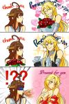  !? 2girls 3koma ahoge bare_shoulders bdsm blonde_hair blue_eyes blush bondage bound bouquet brown_hair comic commentary_request cup delusion_empire english flower grin heart highres iowa_(kantai_collection) kantai_collection kongou_(kantai_collection) long_hair multiple_girls nude plate ribbon ribbon_bondage shaded_face smile sparkle spit_take spitting tea teacup teapot yuri 