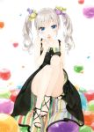  /alv 1girl absurdres bare_shoulders black_dress blue_eyes blush candy collarbone dress hair_ornament highres holdign legs lollipop long_hair looking_at_viewer original peko sandals scan silver_hair sitting solo toes twintails 