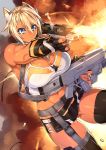  1girl 23_(real_xxiii) action assault_rifle bare_shoulders black_gloves black_legwear blonde_hair blue_eyes breasts choker cleavage dark-skinned_girl_(23) fingerless_gloves glint gloves groin gun handgun highres large_breasts midriff muscle navel original pistol rifle shell_casing short_hair smoke solo tan thigh-highs weapon 