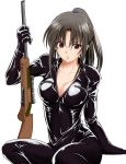  1girl black_gloves black_hair bodysuit breasts brown_eyes cleavage collarbone gloves gun hair_ornament highres holding holding_gun holding_weapon kujou_rin long_hair looking_at_viewer riffle simple_background solo to_love-ru weapon white_background zipper 